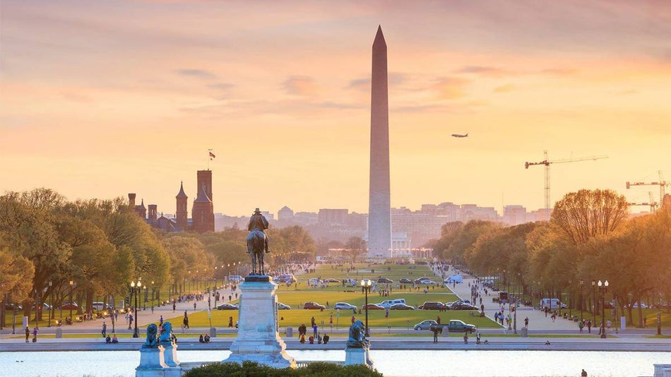view of the National Mall and Washington Monument at Sunrise in Washington D.C.