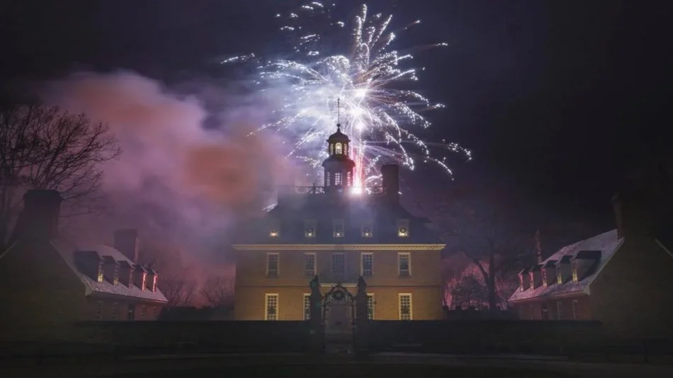 fireworks over colonial williamsburg during grand illumination