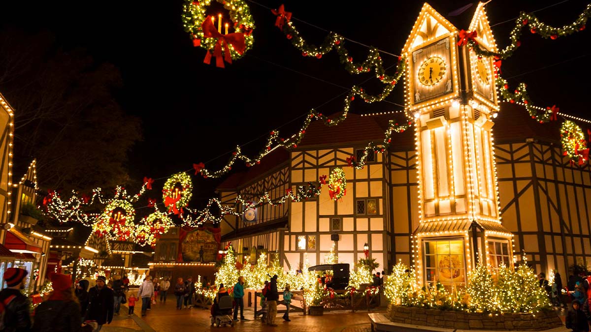 close up of christmas trees and clock with wreaths in at Busch Gardens in Williamsburg, Virginia, USA