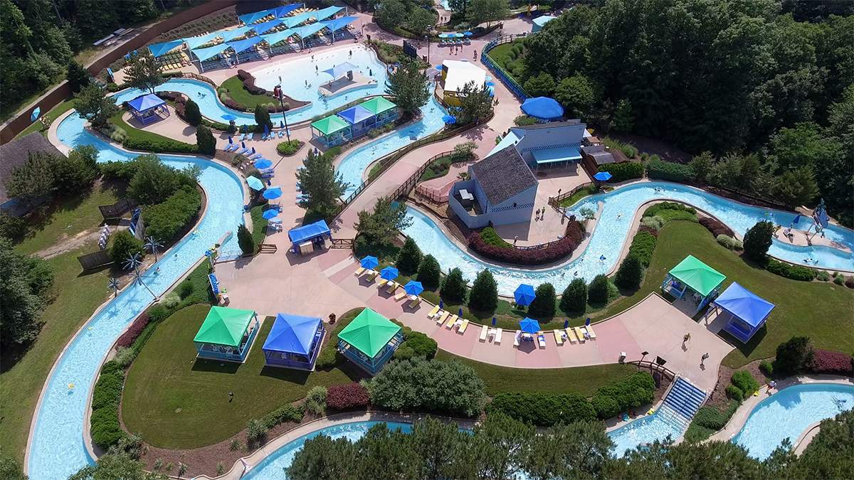 aerial view of the lazy river Hubba Hubba Highway at Water Country USA in Williamsburg, Virginia, USA