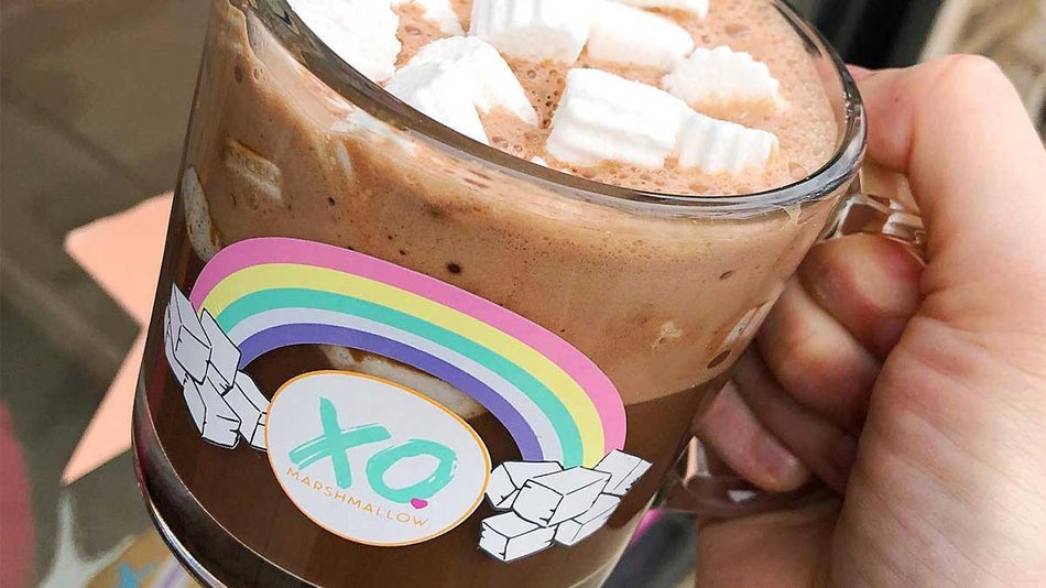 Close up of hot chocolate mug with marshmellow at XO Marshmallow in Chicago, Illinois, USA
