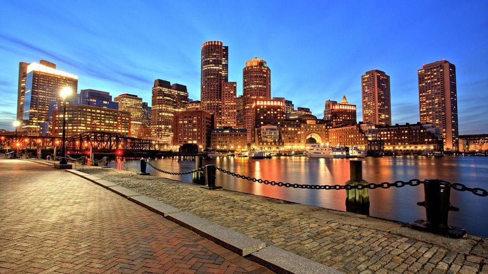 Boston Skyline with Financial District and Boston Harbor at Dusk