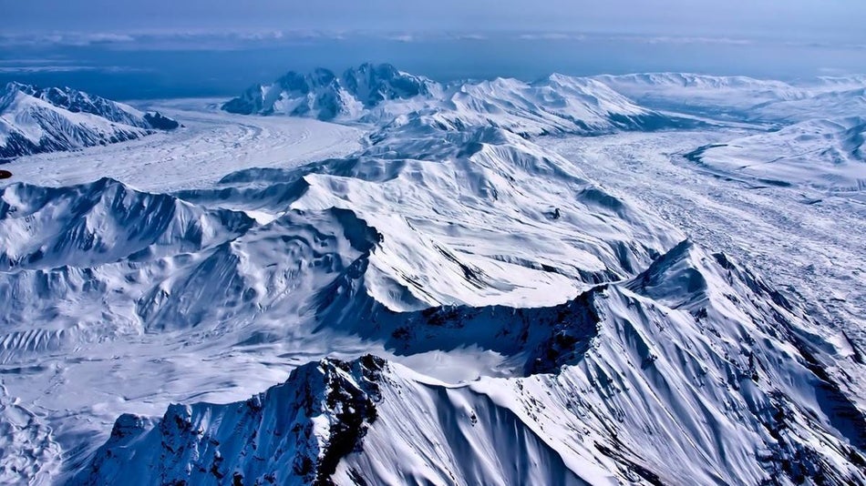 aerial shot of snow covered mountains in Denali National Park