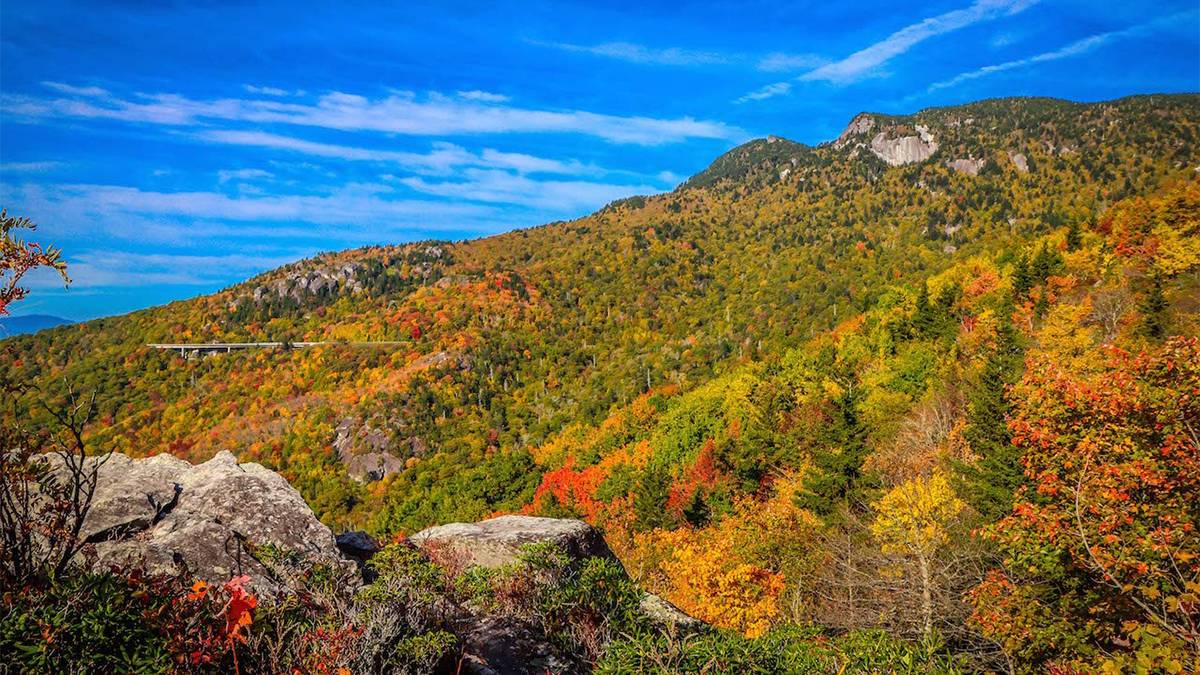 Wide shot looking up at the Blue Ridge Mountains on a sunny day with a bright blue sky in Asheville, North Carolina, USA