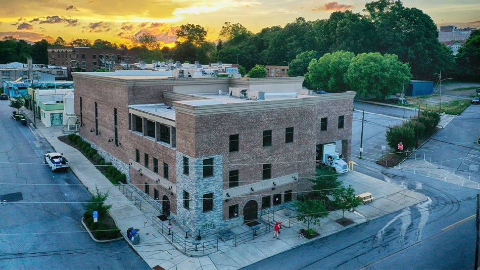 Aerial view of Green Man Brewery in the South Slope Brewery District at sunset in Asheville, North Carolina, USA