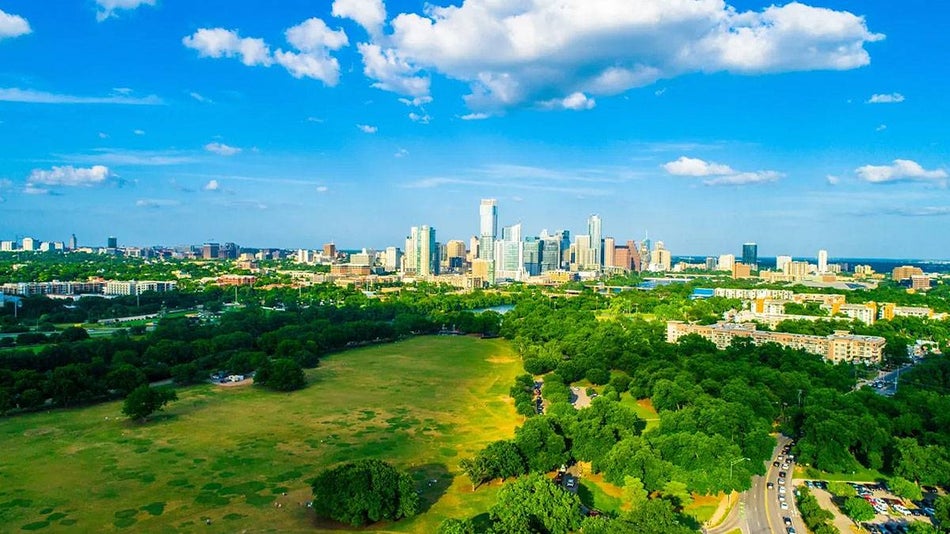 Aerial Drone view above Zilker Park in Austin Texas USA