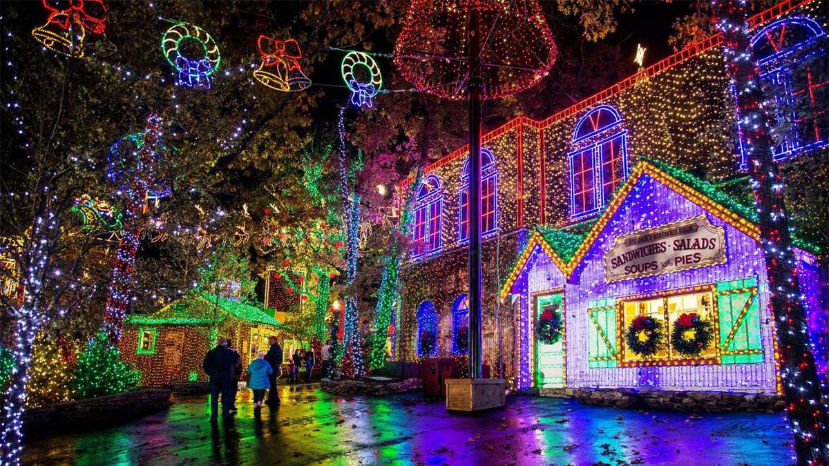 silver dollar city lit up with christmas holiday lights