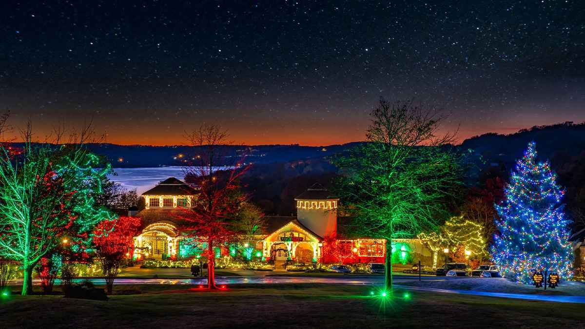 Big Cedar Lodge decorated with Christmas lights of all different colors in Branson, Missouri, USA