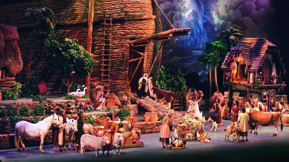 performers and animals on stage during Noah The Musical at Sight and Sound Theatre in Branson, Missouri, USA