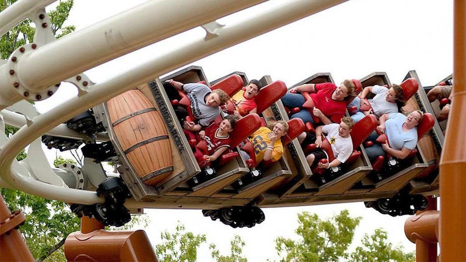 Families riding Powder Keg Roller Coaster at Silver Dollar City - Branson, Missouri, USA
