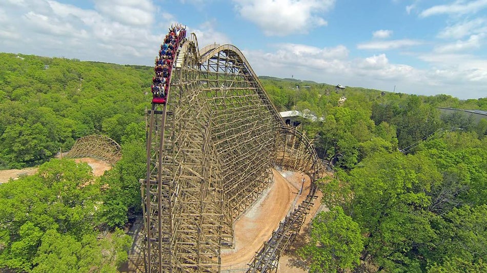 large drop on the Outlaw Run roller coaster in Silver Dollar City in Branson, Missouri, USA