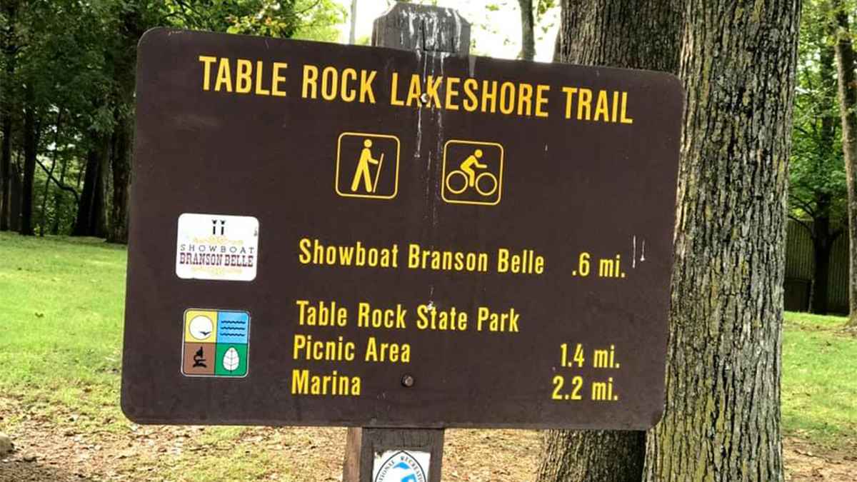 Close up photo of the sign for Table Rock Lakeshore Trail in Branson, Missouri, USA