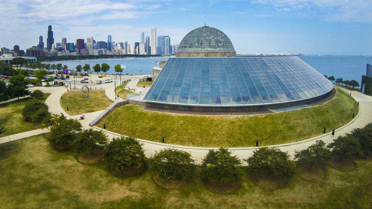 Aerial Adler Planetarium and skyline view with lake in the background - Chicago, Illinois, USA