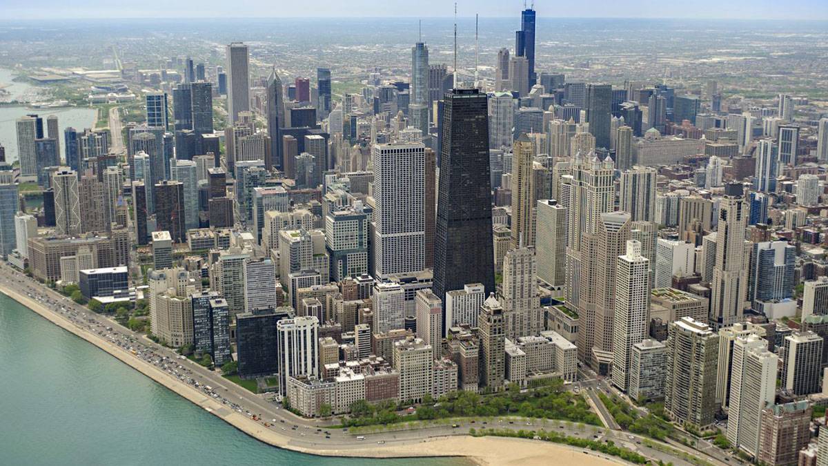 aerial view of chicago skyline during summer daytime