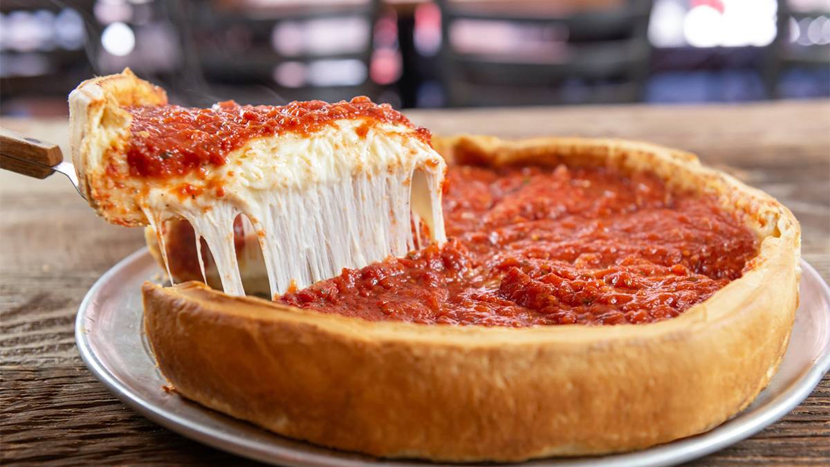 Close up photo of a deep dish pizza from Giordano's Pizza in Chicago, Illinois, USA