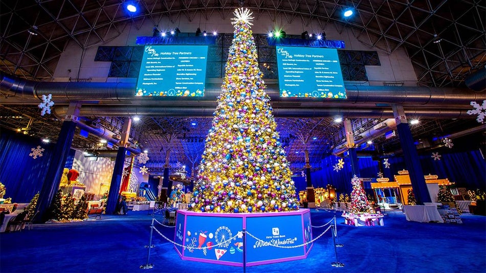 Huge Christmas tree with lots of lights and ornaments at Winter Wonderland at Navy Pier in Chicago, Illinois