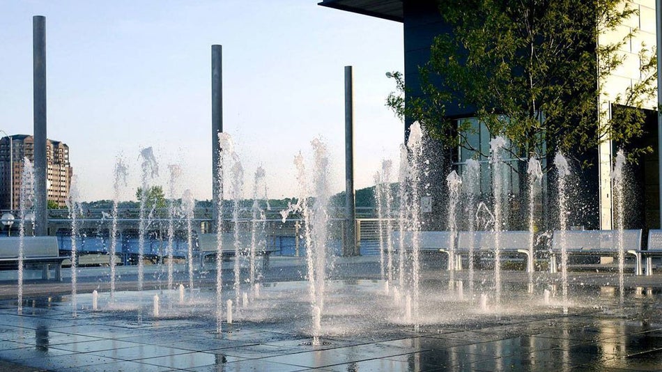 fountains at sunset in the Smale Riverfront Park in Cincinnati, Ohio, USA