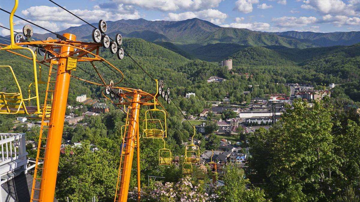 aerial view of ski lift taking visitors through the smoky mountains in the spring in Gatlinburg, Tennessee, USA