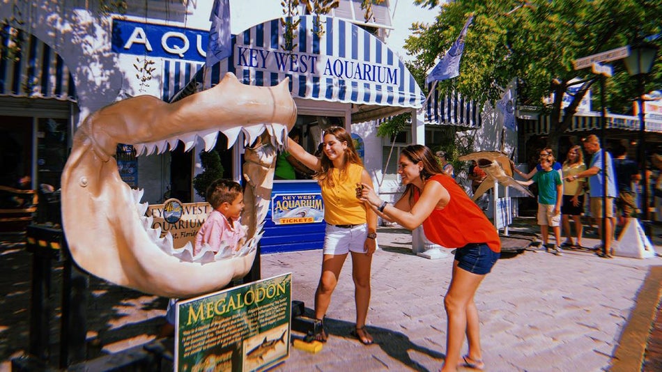 A family taking pictures with a shark mouth on a sunny day at Key West Aquarium in Key West, Florida, USA