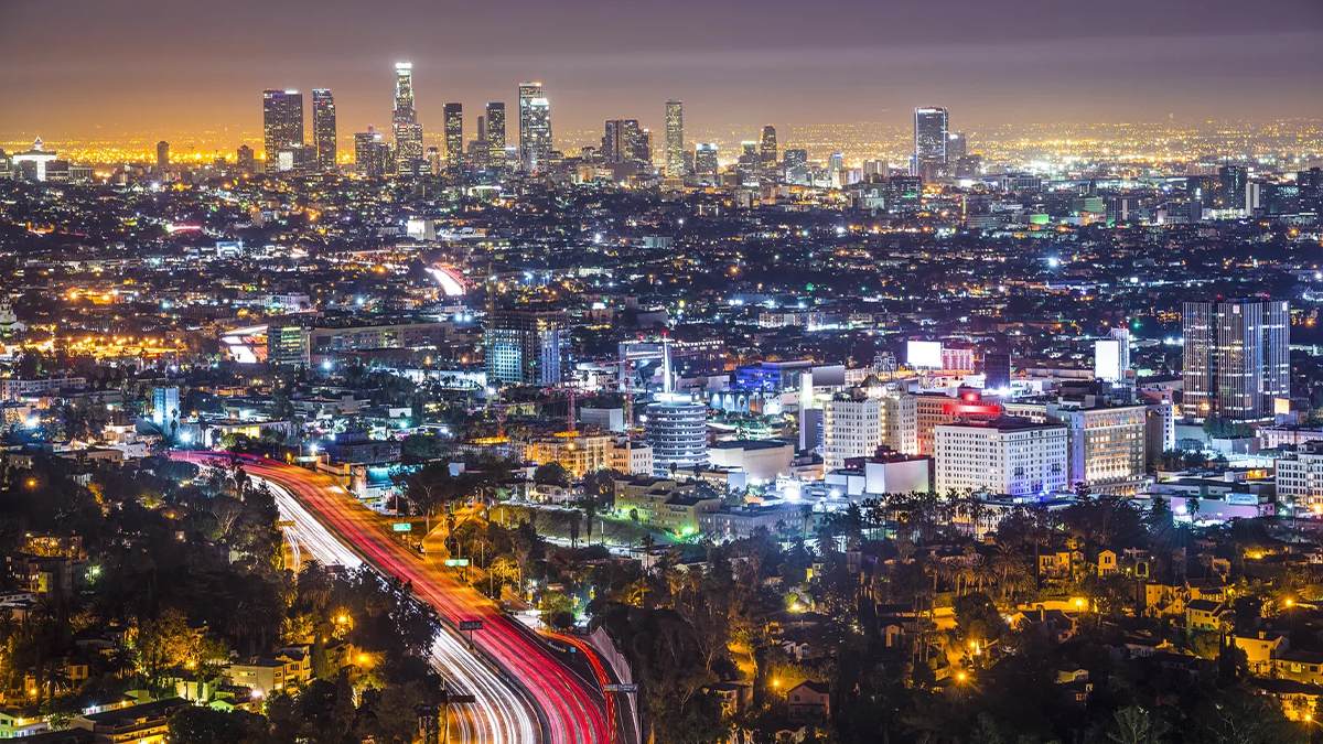 aerial night view of the skyline and city lights over Los Angeles, California, USA