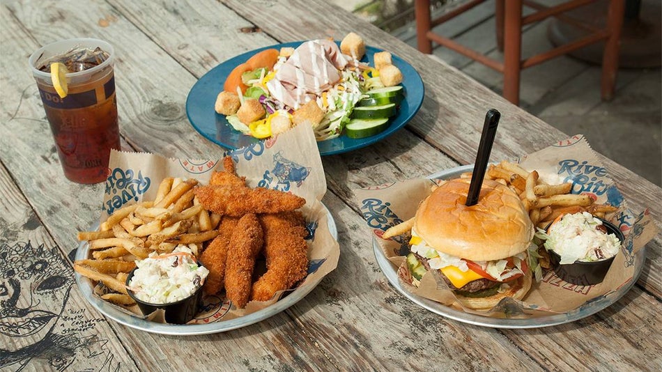 Burger, chicken strips, salad and a tea at River City Cafe at Barefoot Landing - Myrtle Beach, South Carolina, USA