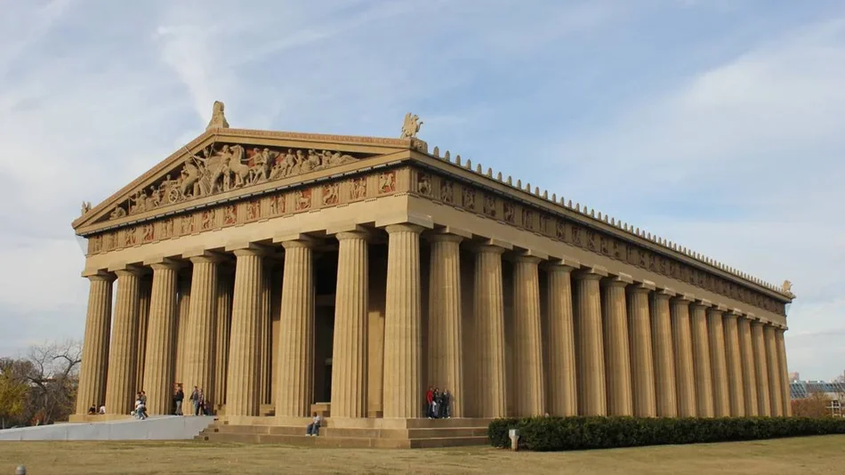 exterior view of grey stone at The Parthenon on a sunny day in Nashville, Tennessee, USA