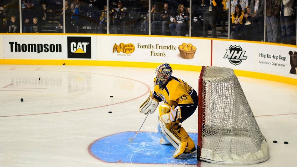 close up of Pekka Rinne goalie for Nashville Predators NHL hockey team in Nashville, Tennessee, USA