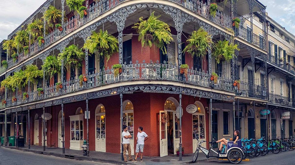 Wide shot of an old building in the French Quarter in New Orleans, Louisiana