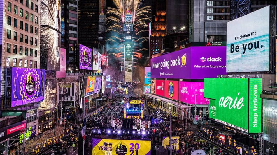 Wide shot of Time Square on New Years Eve 2021 in NYC, New York, USA