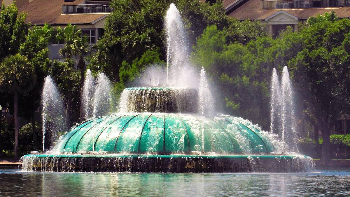 Close up of the fountain at Lake Eola running on a sunny day in Orlando, Florida, USA