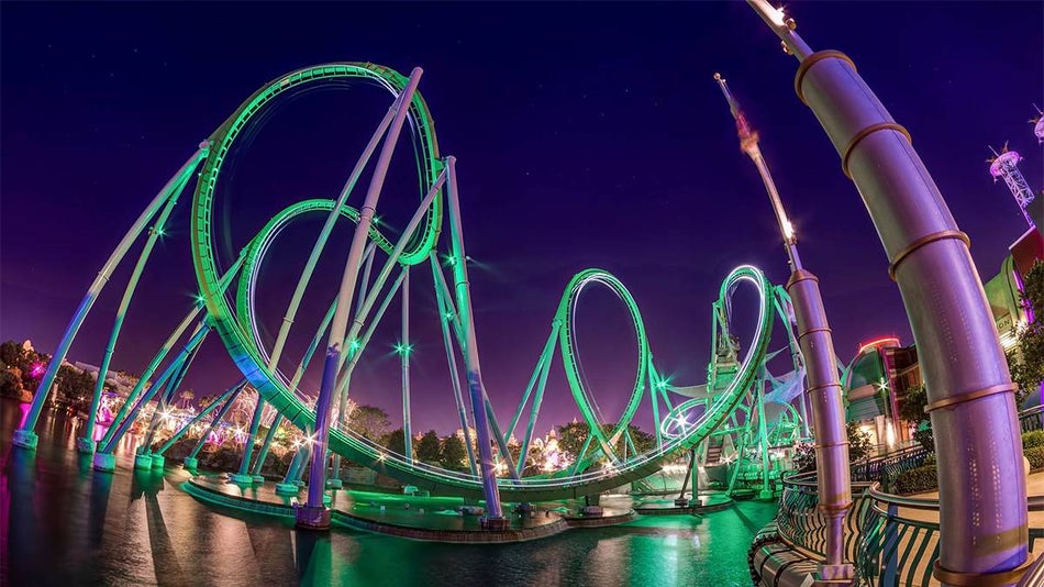 Wide shot of the Hulk roller coaster at Universal Studios Islands of Adventure in Orlando, Florida, USA