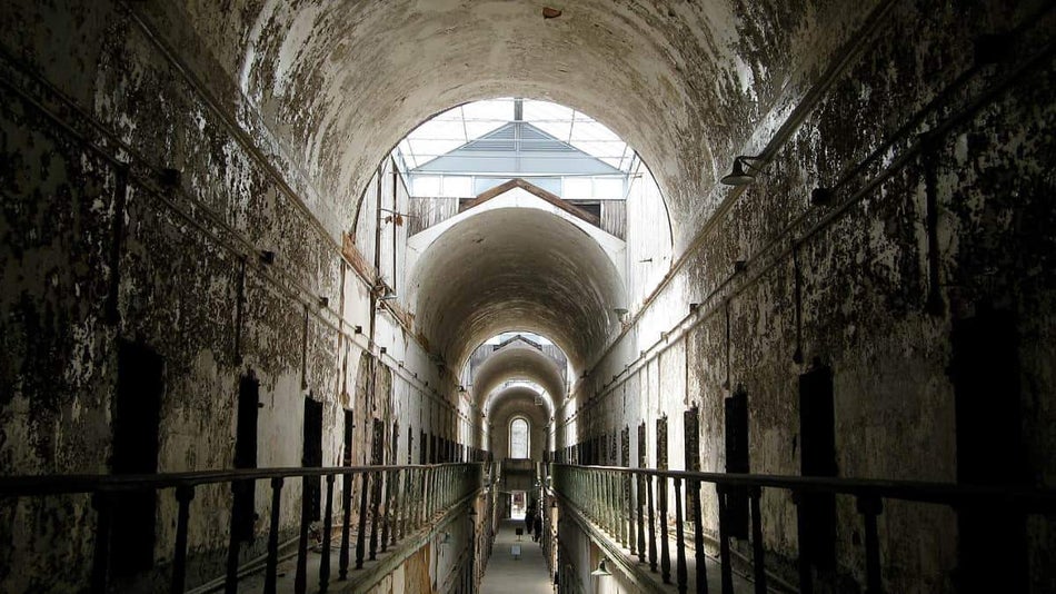 long dark corridor tunnel inside the Eastern State Penitentiary ESP in Philadelphia, Pennsylvania, USA