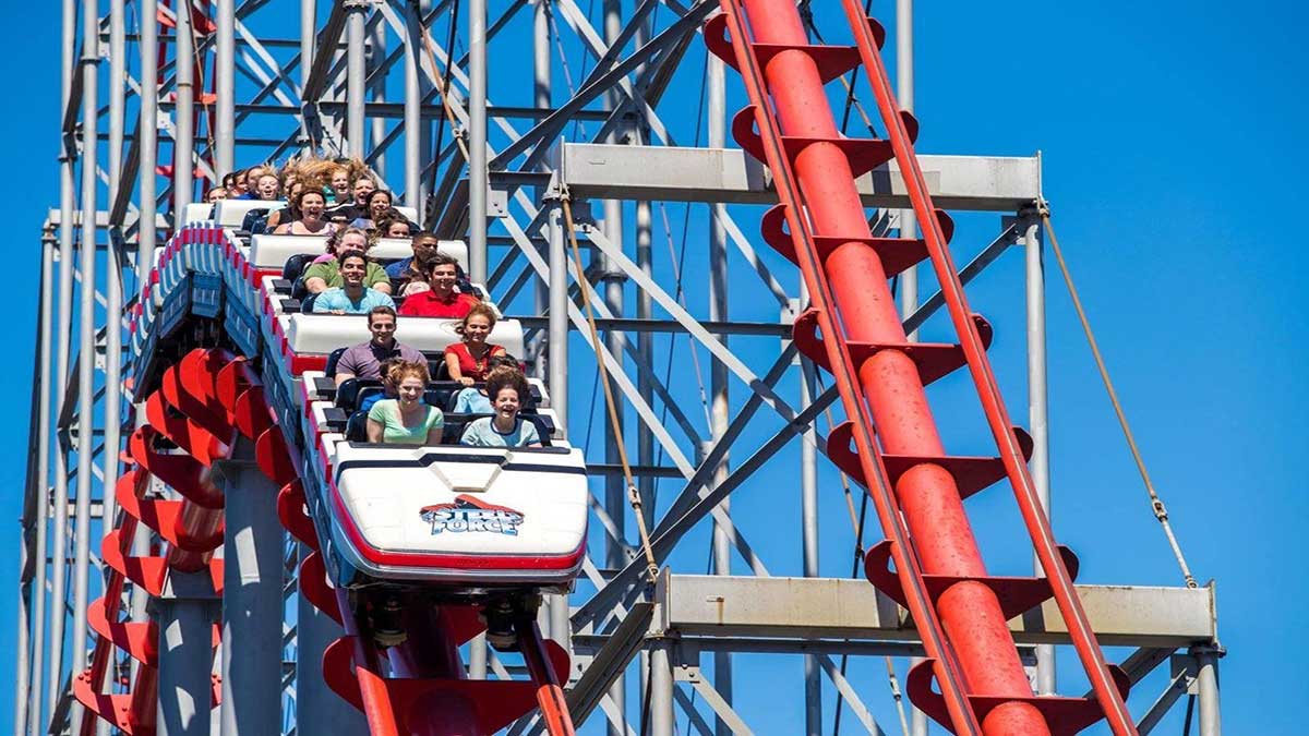 guests on Steel Force roller coaster at Dorney Park and Wildwater Kingdom in Philadelphia, Pennsylvania, USA