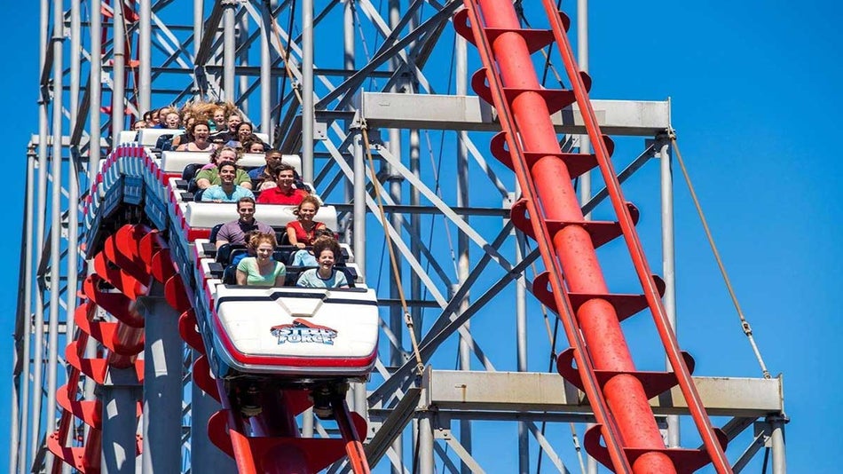 guests on Steel Force roller coaster at Dorney Park and Wildwater Kingdom in Philadelphia, Pennsylvania, USA
