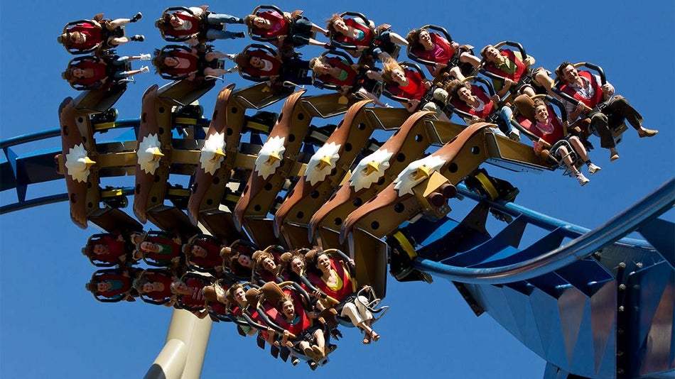 Dollywood visitors ride the Wild Eagle coaster in Pigeon Forge, Tennessee, USA in the Spring