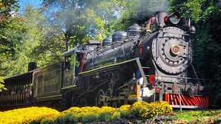 Close up of the Dollywood Express in motion at Dollywood on a sunny day in Pigeon Forge, Tennessee, USA