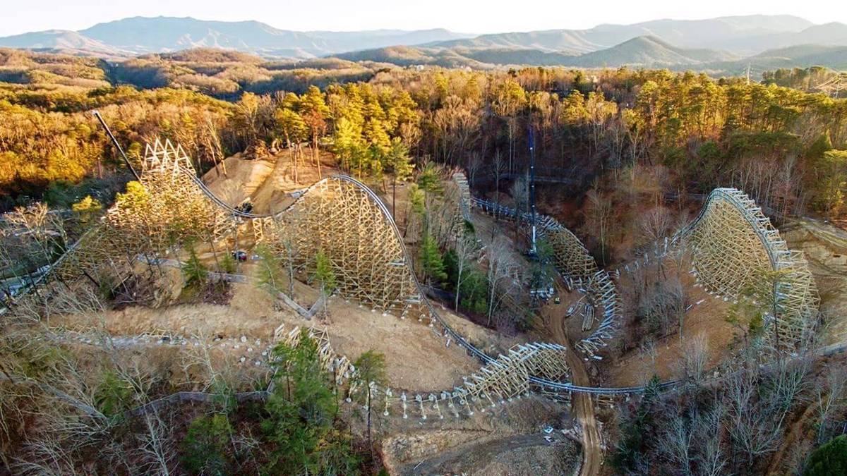 Aerial view of the Lightning Rod Coaster under contraction at sunset in Dollywood in Pigeon Forge, Tennessee, USA