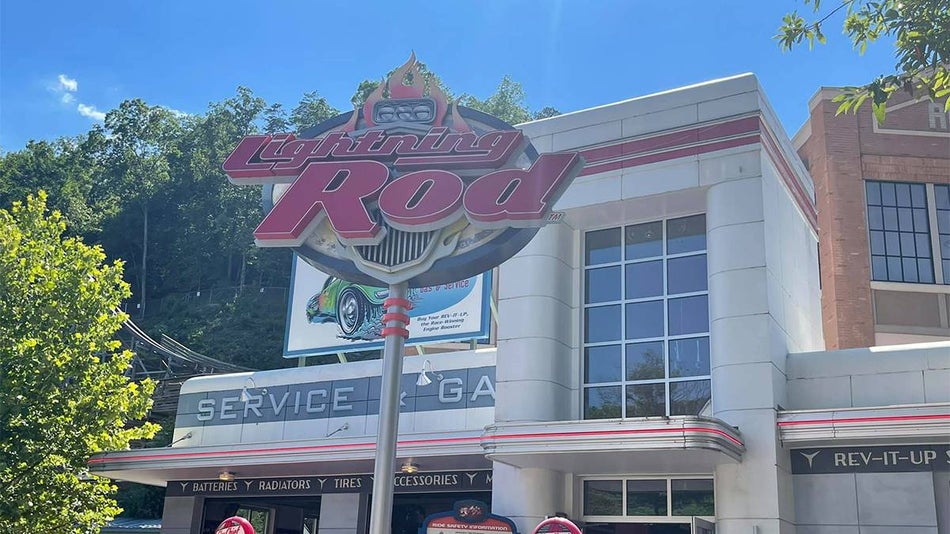 ground view close up of the Lightning Rod Roller Coaster at Dollywood in Pigeon Forge, Tennessee, USA