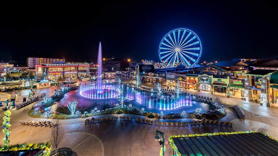 night view of The Island with lights and fountains in Pigeon Forge, Tennesee, USA