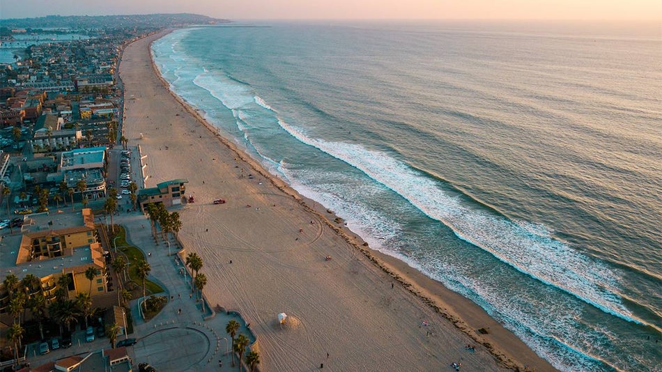 Aerial view looking down at Pacific Beach - San Diego, California, USA