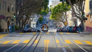 distant view of cable car on road on the streets of San Francisco, California, USA
