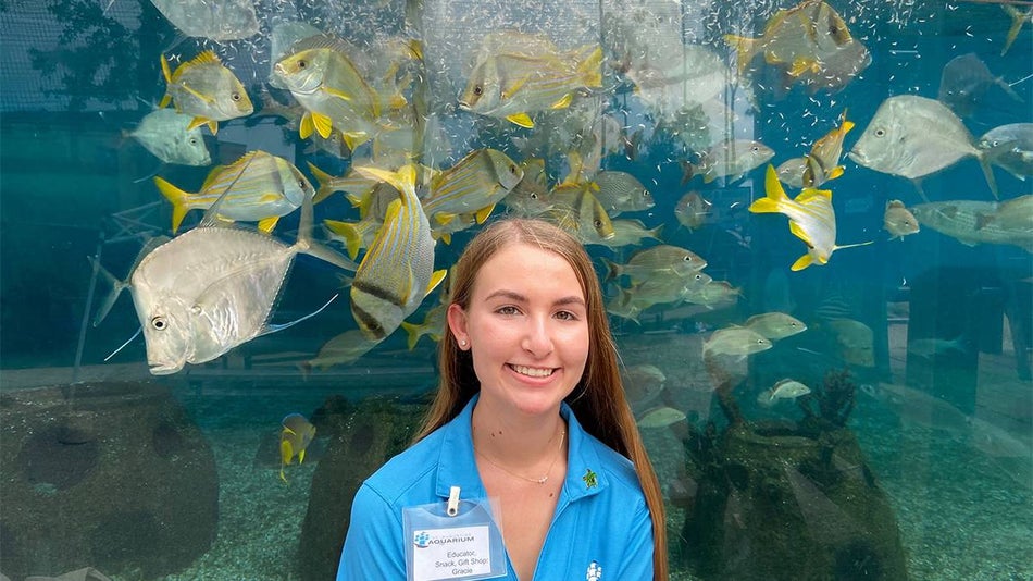 A young woman in her St. Augustine Aquarium uniform posing in front of a tank filled with yellow fish in St Augustine, Florida, USA