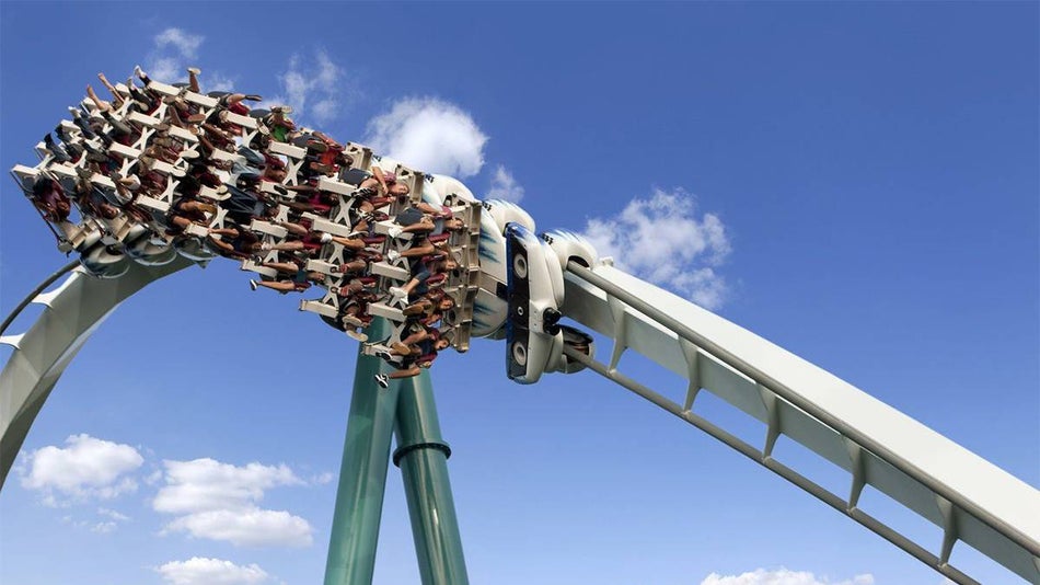 guests on Alpengeist Inverted Roller Coaster at Busch Gardens Williamsburg virginia