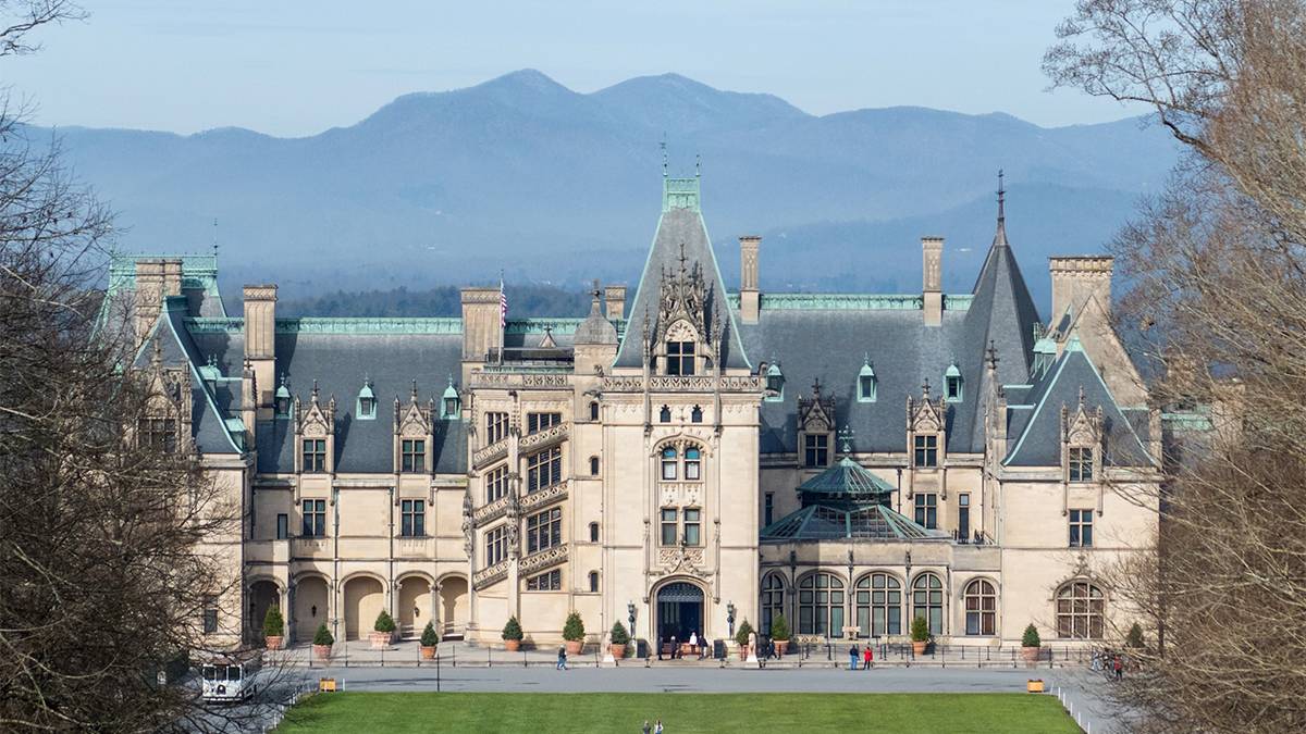 front lawn and exterior with fountain at the Biltmore Estate in Asheville, North Carolina, USA