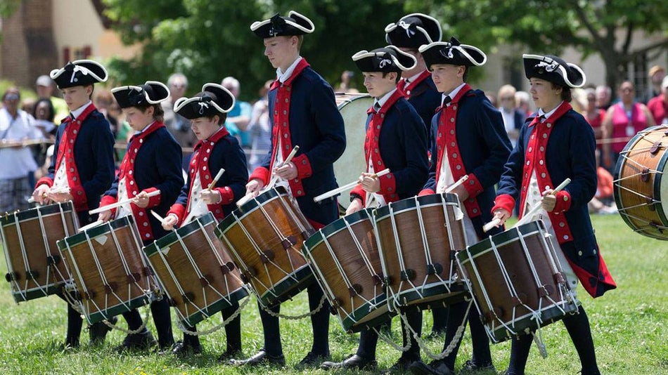 drummers marching in Colonial Williamsburg, VA, USA