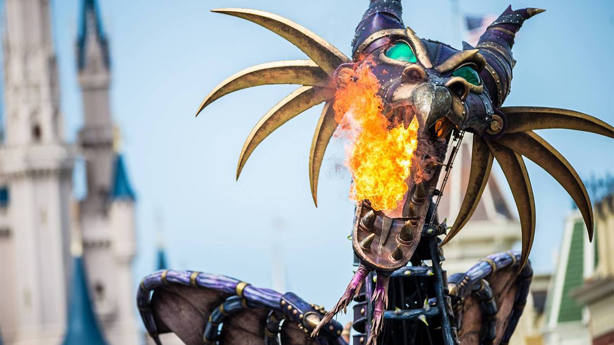 Disney Festival of Fantasy Parade Dragon breathing fire on a sunny with the castle in the background at Walt Disney World in Orlando, Florida, USA