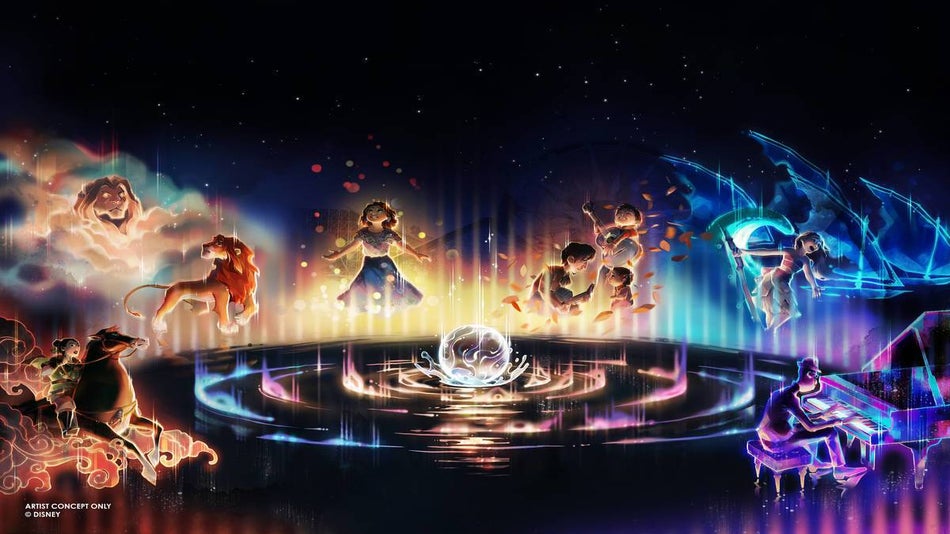 Disney characters illumination through the World of color illusions on a black screem.