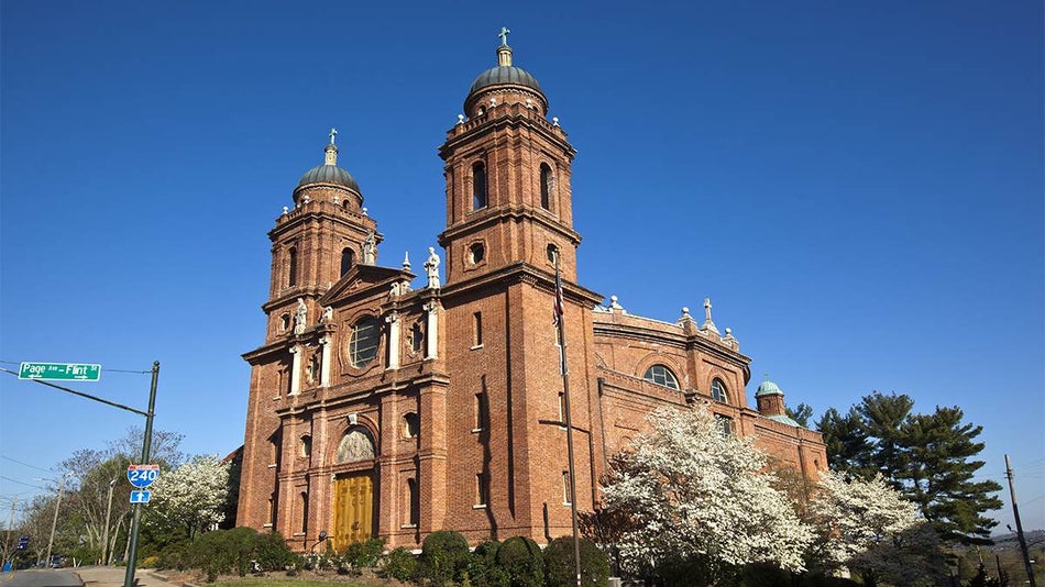 Photo looking up at Basilica of St. Lawrence on a sunny day in Asheville, North Carolina, USA