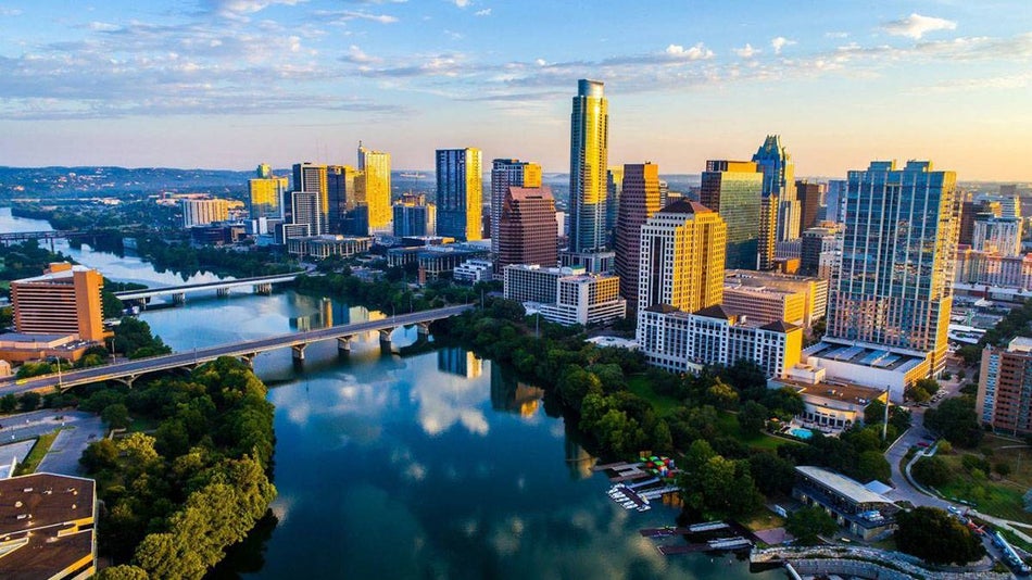 aerial view of austin skyline at sunset