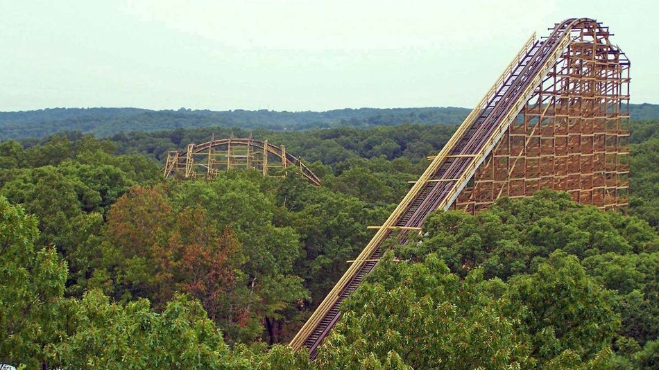 aerial view of silver dollar city's outlaw run roller coaster